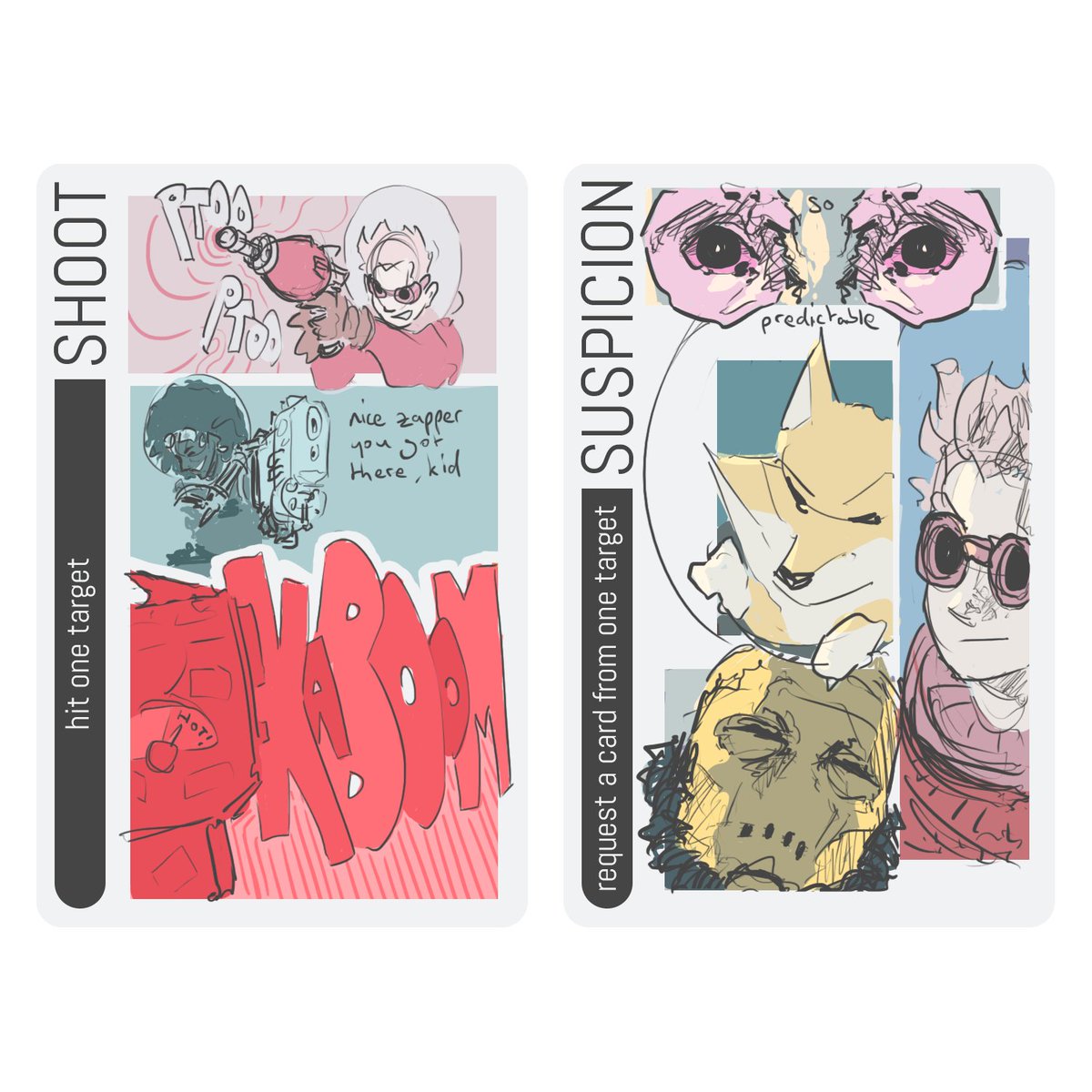 TurncoatGames's tweet photo. Shoot and Suspicion
Two sketches of our action cards. Will you shoot your way out of trouble or cunningly preempt your crewmates' next moves?
#boardgames #comics https://t.co/WL7KoYwCoH