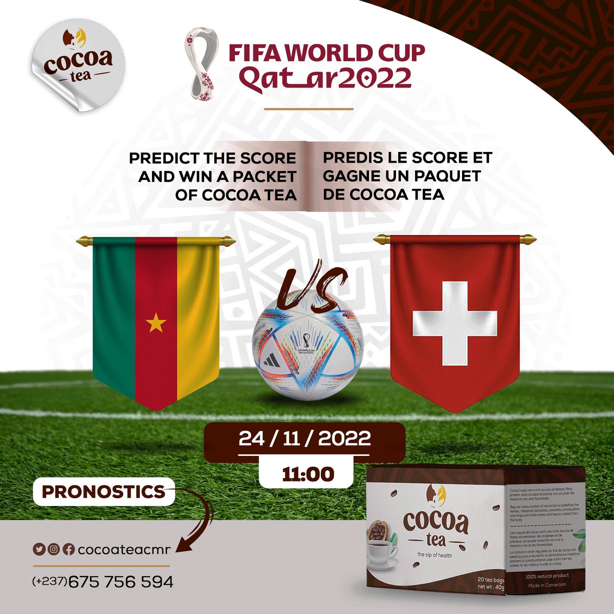 ManTiger_cmr's tweet photo. #WeGoWinThatCup ๐
We have 500 packs of #cocoateacmr to give out during the course of the #FIFAWorldCup
To win, predict the right score of the match between #CMRvsSWL.
- Follow @cocoateacmr
- Use hashtags #moreri #cocoateacmr https://t.co/vkix0mNXZZ