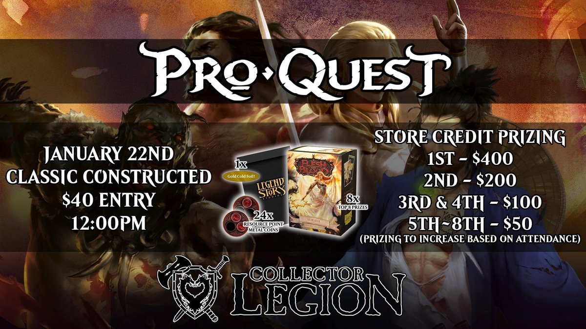 CollectorLegion's tweet photo. Join us for our 1st Pro Quest at Collector Legion!
1k Prizing guaranteed, and we will scale up after 28 players.
We will double the prizing at 60 players, and it'll be a 3k if we cap the event!!!
Sign up at https://t.co/WiO32TxZcp https://t.co/hW3RwWpqsM