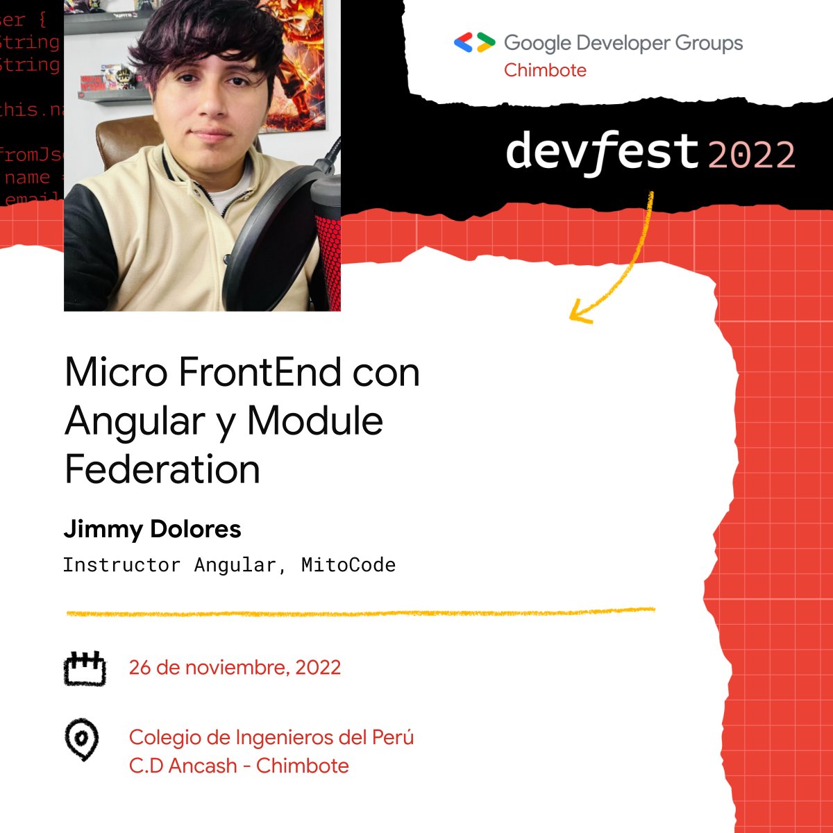 gdgchimbote's tweet photo. Presentamos a Jimmy nuestro speaker en el DevFest Chimbote 2022
Es un apasionado de la tecnología cuenta con más de 5 años de experiencia en el desarrollo de aplicaciones, actualmente cuenta con un canal de YouTube donde comparte lo aprendido y más
#microfrontend #devfestchimbote https://t.co/AC1l66R3K9