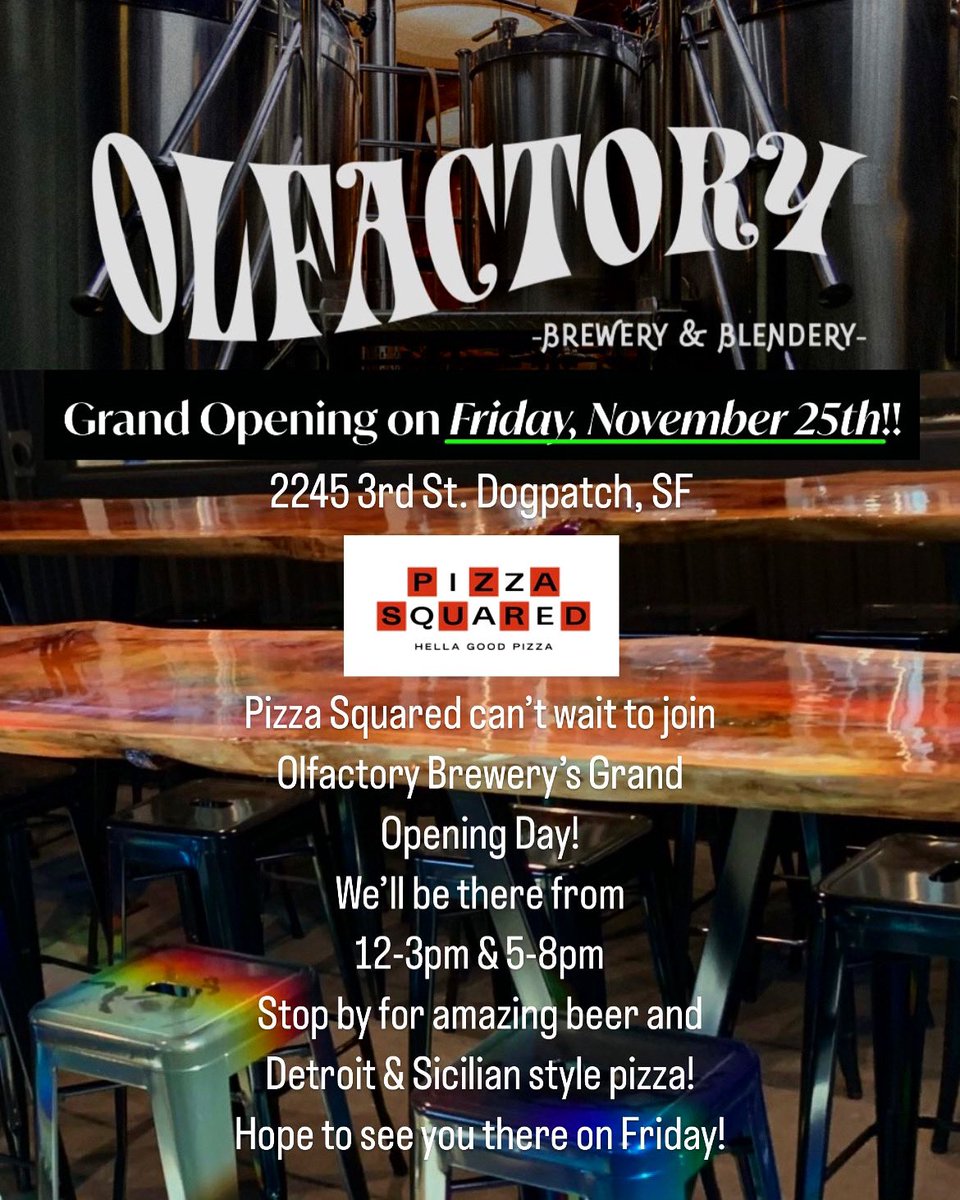 🔔POP UP ALERT🔔 We are super excited to be joining @olfactorybrewing #GrandOpeningDay this Friday, Nov 25 at 2245 3rd St in #SF from 12-3pm &amp; 5-8pm. Be the 1st to try amazing #beer from Olfactory with our #Detroitstyle &amp; #Sicilianstyle #pizza!🍕🍻The perfect combo - Stop by!❤️🎉