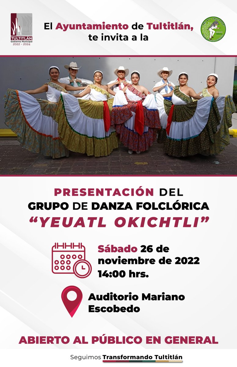 25_27Tultitlan's tweet photo. El Ayuntamiento de Tultitlán, te invita a la presentación del grupo de danza folclórica "𝗬𝗲𝘂𝗮𝘁𝗹 𝗢𝗸𝗶𝗰𝗵𝘁𝗹𝗶" el próximo sábado 26 de noviembre a las 14:00 hrs. en el auditorio Mariano Escobedo. 💃🏻🕺🏽

¡LOS ESPERAMOS! 😁👍🏻

#SeguimosTransformandoTultitlán https://t.co/liJoXVckVH