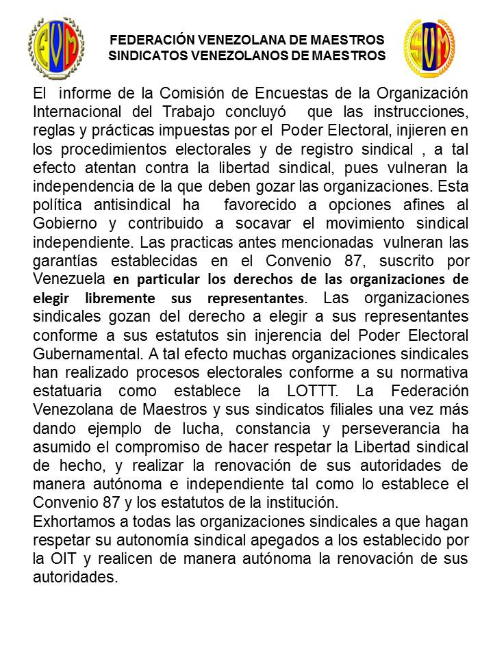 fvmluchaonline's tweet photo. Tal como lo hizo la,@APUCV, la Federación Venezolana de Maestros asume el compromiso de hacer respetar la libertad sindical, garantía establecida en el Convenio 87 de la OIT, suscrito por Venezuela. Las elecciones se harán en ejercicio de nuestra autonomía sindical. https://t.co/OvLZaX6DUj