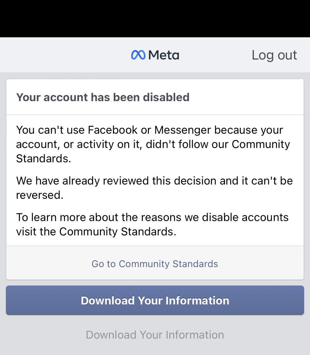 Gnickell3's tweet photo. @Meta @facebook are terrible. If they actually reviewed they would see whatever was posted was posted from a country I’ve never been to. Oh well, good riddance https://t.co/Sce1N22kCp