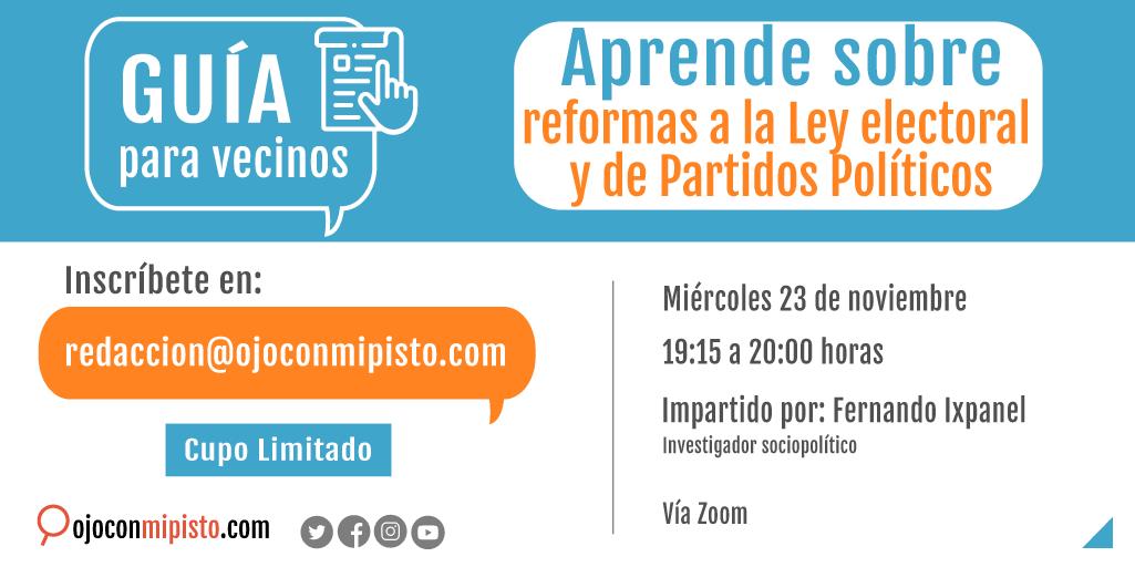 ¡Aún estás a tiempo!⚡️ Participa de la #GuíaParaVecinos con @fernanixpa sobre la Ley Electoral y de Partidos Políticos.🤓 A dos meses de la convocatoria a #EleccionesGT2023🗳, ¿sabes cómo quedaron las reglas del juego? Inscríbete y conoce cómo será la elección de #AlcaldesGT23.🤩