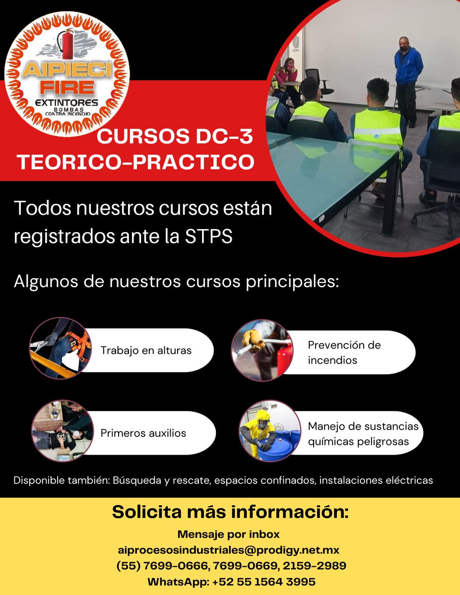 AipieciFire's tweet photo. [CURSOS DC3] 🦺👷⛑️🔥

✅ Especializados para cada tema impartido.
✅ Cursos certificados
✅ Instructores Certificados
✅ Nos adaptamos a las necesidades de tu empresa 

aiprocesosindustriales@prodigy.net.mx 
📞 (55) 2159-2989
💬 WhatsApp: +52 55 1564 3995 https://t.co/0P0OX6tljr