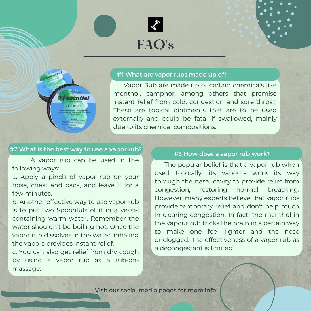 jojephilippines's tweet image. Wanna know more about our Vi&apos;ssential Vapor Rub? Well, we got you! Here are some of the FAQ&apos;s you would gladly want to know about! Visit our social media pages for more exciting tips.💙

#TipsandTricksThursday
