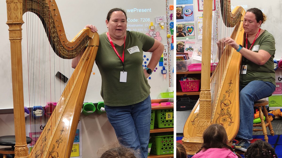 clearlakeumc's tweet photo. Music &amp; Fine Arts harpist and Clear Lake Buddies volunteer Danielle Harmon visited a kindergarten class at Clear Lake City Elementary to show her harp and play beautiful music for the class. Thank you, Danielle, for sharing your extraordinary talent with CLCE! https://t.co/UIKsg9Hnss