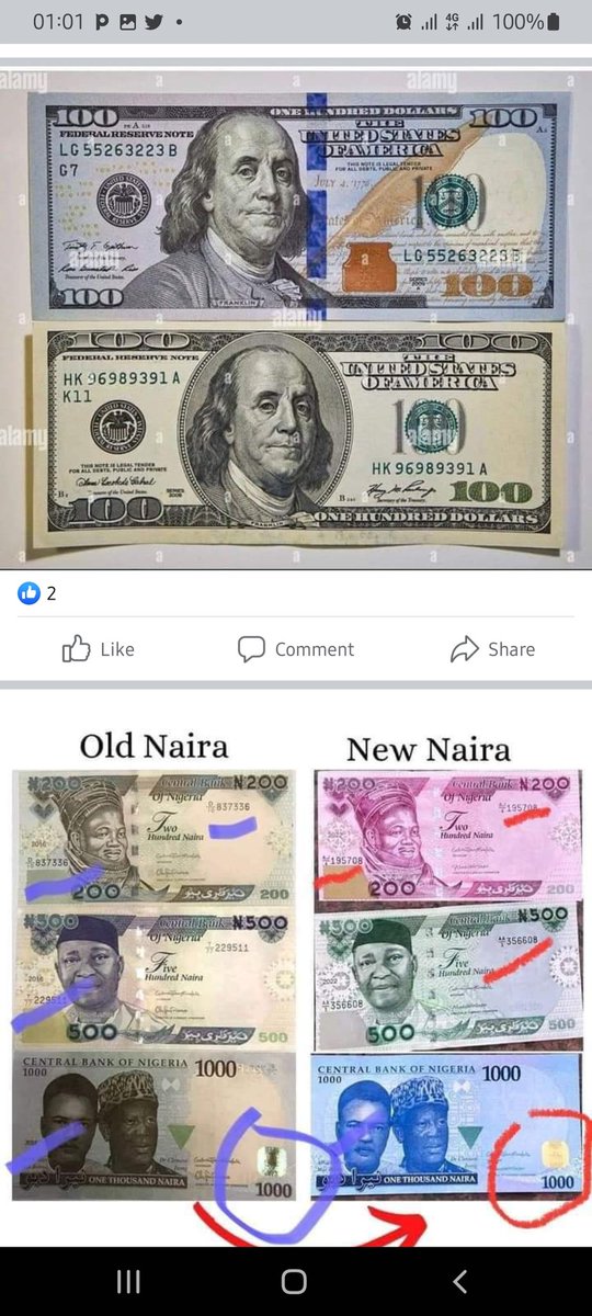 Afoope's tweet photo. On the redesigned naira notes, you guys have to blame the USA for setting bad precedence as their redesigned $100 isnt difeerent from what Emefiele did https://t.co/PHsmOovmwd
