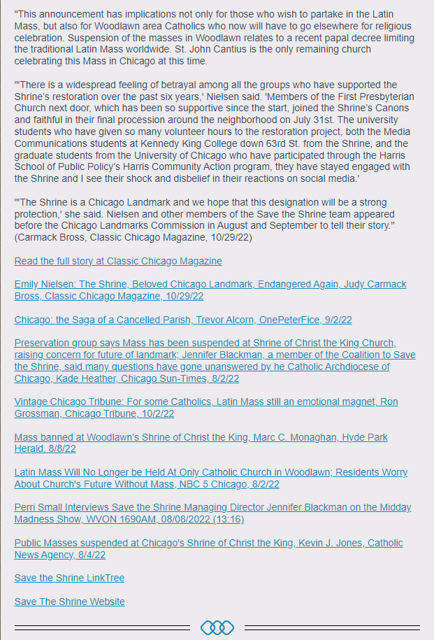 SaveTheShrine's tweet photo. “The Shrine, Beloved #Chicago #Landmark, #Endangered Again.” Thank you so much to @Pres_Chicago for featuring @ClassicChiMag's recent Shrine story so prominently in their October Month-in-Review Newsletter. Link: https://t.co/hkU6ayqlZ6

#SaveTheShrine #SeeTheShrine https://t.co/iaLCgFFIvY