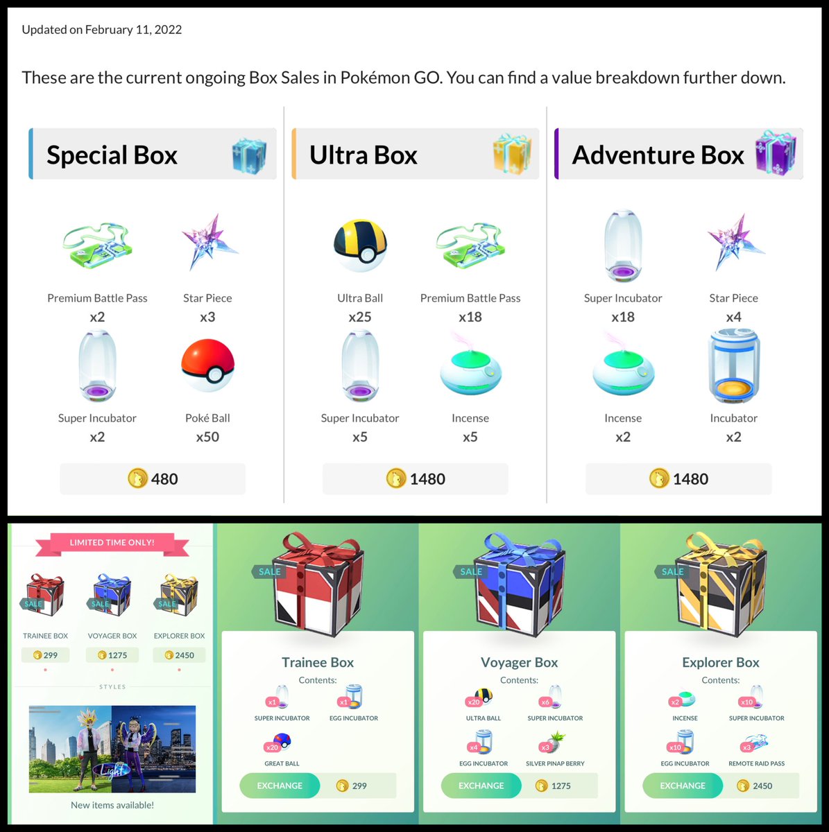 How can you possibly expect us to #MeetYouOutThere and expect an increase in user engagement from new players LET ALONE VETERAN PLAYERS w these absolute sh*t boxes in shop (bottom row). Bring back the old boxes (top) w in-person passes. Unplayable. <a href="/NianticLabs/">Niantic</a> <a href="/MichaelSteranka/">Michael Steranka</a>