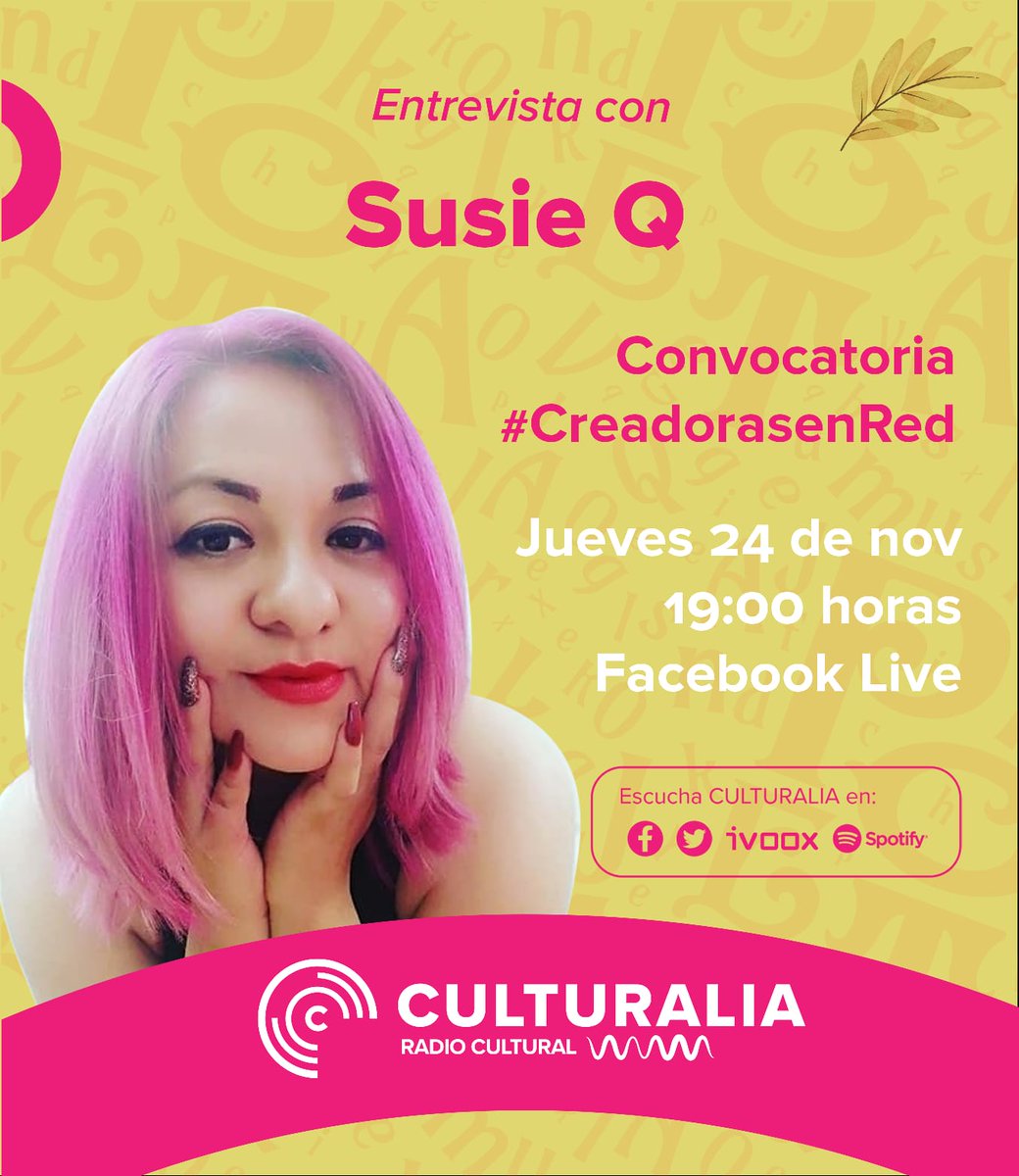 CulturaliaMX's tweet photo. Stand up con creatividad e ingenio 🎤.
📲 Este jueves 24 a las 19:00 horas conversaremos con Susie Q, quien forma parte de #CreadorasenRed de @RedLab1 https://t.co/oOGR3zoqYq