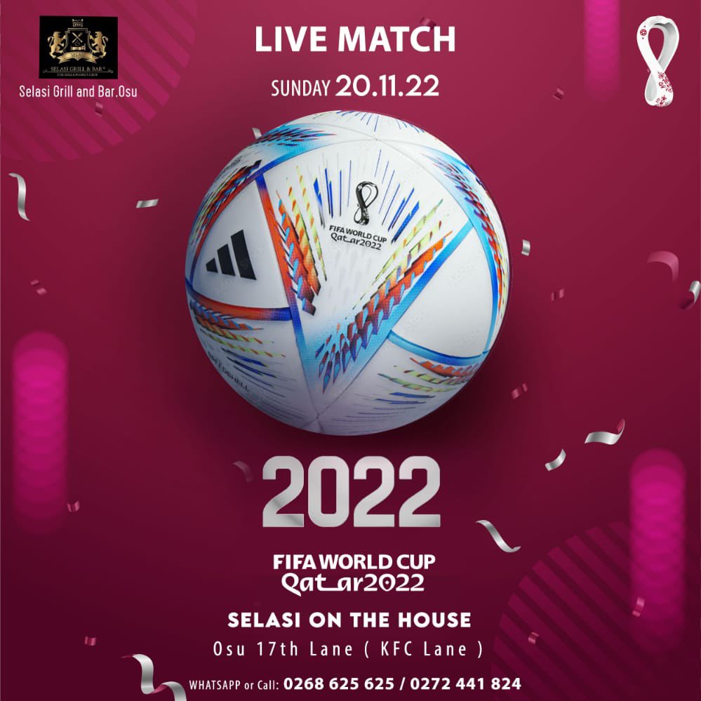 SelasiOTH's tweet photo. FIFA World Cup 2022™ · today, 4:00 pm
Portugal 🇵🇹 vs Ghana 🇬🇭 watch live @SelasiOTH Osu come and enjoy the game with on the house 🏠 https://t.co/5oCoMCoFAY
