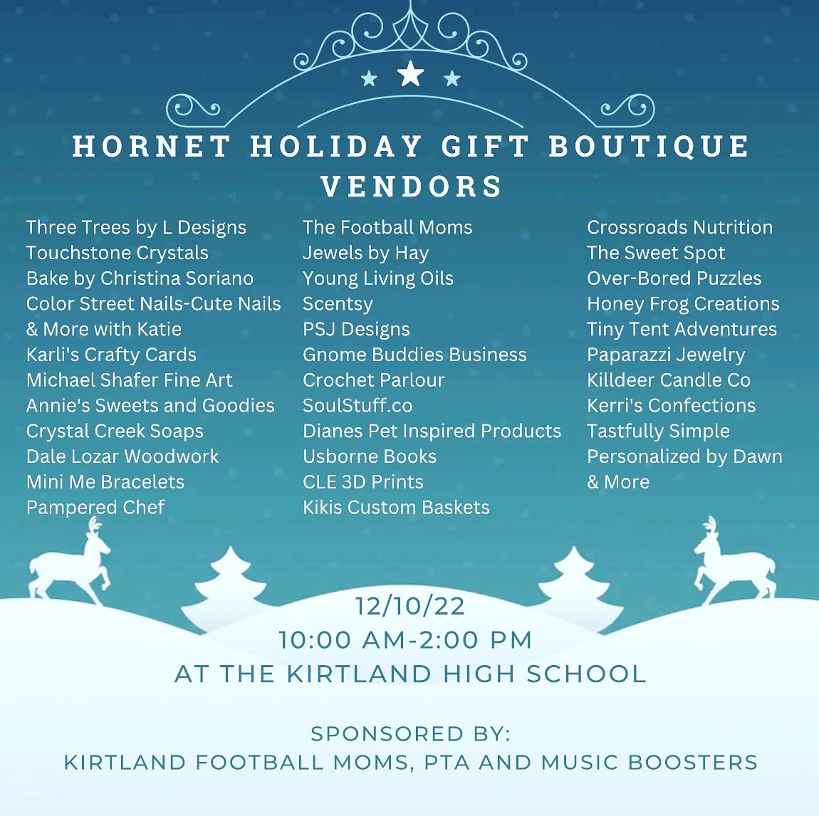 Thank you to our vendors below and more who have already registered and will be part of our Hornet Holiday Gift Boutique on 12/10/22 at the Kirtland High School from 10-2. For more information see our event post on Facebook!