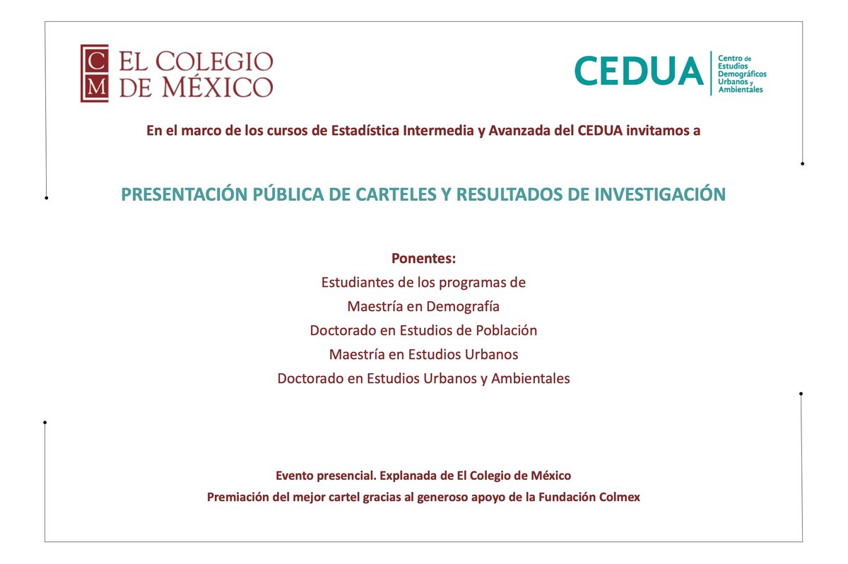 cmasfl's tweet photo. Vengan lunes 28 11-12:30 a exhibición/concurso de carteles que organizamos en los cursos de Estadística Intermedia y Avanzada (@imix3 @alex_szarate y yo)

🥇Con premio al mejor cartel gracias a @FundacionColmex 

https://t.co/byqFzIVkzg 

@CEDUAcolmex @DDemogColmex @elcolmex https://t.co/gLpUbE8hem