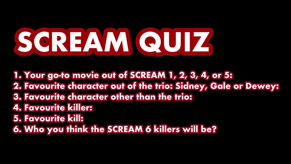 finalboytristan's tweet photo. If you’re a true SCREAM fan, take this pop quiz immediately. I’ll go first. 

1. Scream 3
2. Sidney
3. Kirby &amp; Tara
4. Billy
5. Casey
6. Jack, Dermot &amp; Kirby are suspicious to me. https://t.co/0GuUY161S6