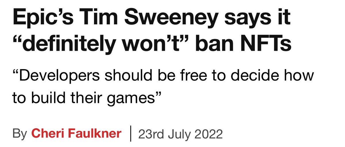 TFGmykL's tweet photo. 5/18 Epic Games CEO Tim Sweeney made it very clear that Epic would not follow in the footsteps of Minecraft by banning NFT integration. In fact, Epic has already allowed NFT and blockchain integrated games to launch on their store and platform. So what’s the current problem? https://t.co/xAGGfJsY4M