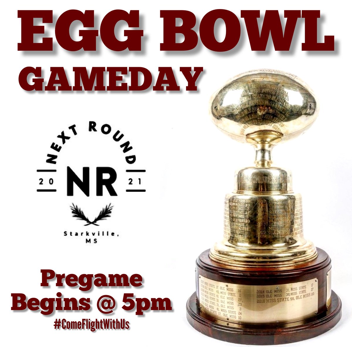 nextround_stark's tweet photo. It’s time to bring her back home!
#ComeFlightWithUs for the biggest game of the year. Doors open at 5 tomorrow, so come early and claim your spot!
#GTHOM!
#NextRoundStark #Starkville #StarkVegas #HailState #PTLGD #EggBowl #TrueMaroon #ThanksgivingDay #TurkeyDay #GobbleGobble https://t.co/QTQmeZfTfr