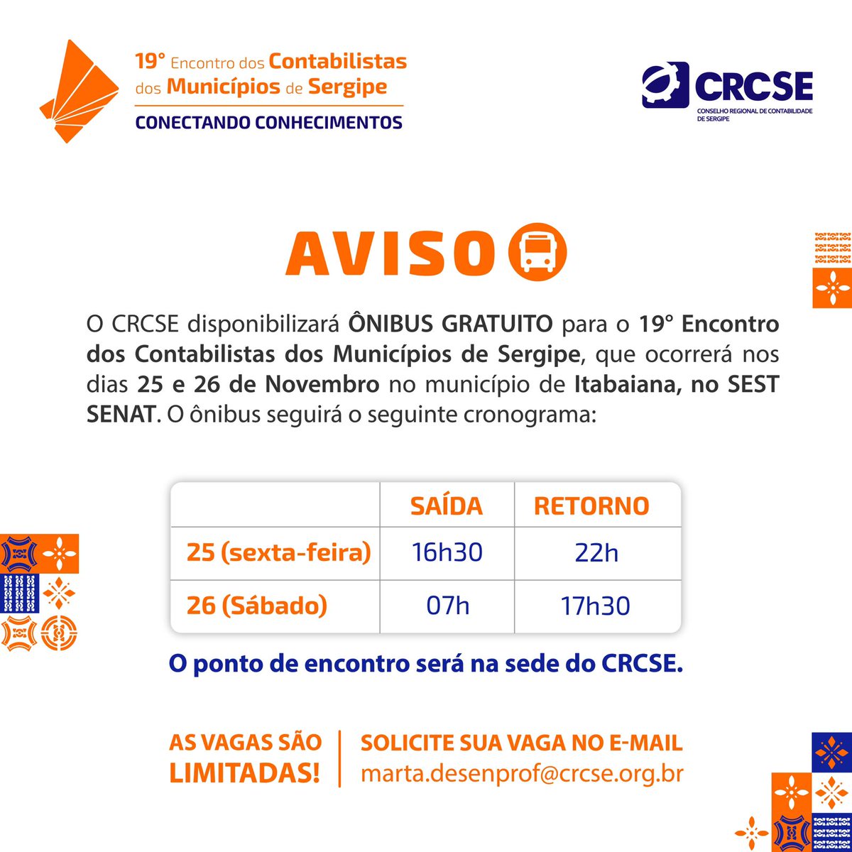 CRC_SE's tweet photo. Vamos terminar essa quarta-feira com boas novas? 🤗

O CRCSE disponibilizará transporte para o Encontro dos Contabilistas dos Municípios de Sergipe, que acontecerá nos dias 25 e 26 na cidade de Itabaiana. 

Corra para garantir sua vaga!

Venha com o CRCSE!
#crcse #encontro https://t.co/JCvBhNv9Fl
