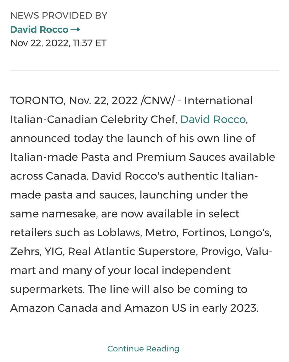Well it’s official! Here’s our press release on the Canadian Newswire. David Rocco Italian-made premium pasta &amp; sauces are now available across Canada in select retailers. The line will also be coming to Amazon Canada &amp; Amazon US in early 2023. Read here: newswire.ca/news-releases/…
