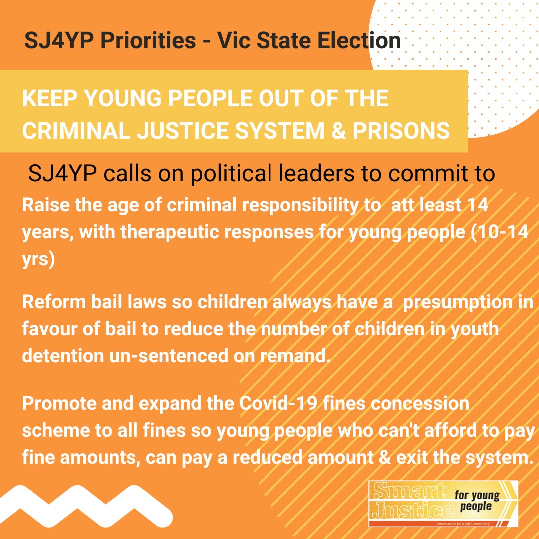 SJ4 Young Peopleš (@smartjusticeyp) on Twitter photo We call on political leaders to focus on priorities incl bail reform & raising the age of criminal responsibility to keep young people out of the criminal justice system.
All SJ4YP priorities: youthlaw.asn.au/wp-content/uplā¦
<a href="/DanielAndrewsMP/">Dan Andrews</a>
<a href="/MatthewGuyMP/">Matthew Guy MP</a>
<a href="/JaclynSymes/">Jaclyn Symes</a>
@MatthewBachMP We call on political leaders to focus on priorities incl bail reform & raising the age of criminal responsibility to keep young people out of the criminal justice system.
All SJ4YP priorities: youthlaw.asn.au/wp-content/uplā¦
<a href="/DanielAndrewsMP/">Dan Andrews</a>
<a href="/MatthewGuyMP/">Matthew Guy MP</a>
<a href="/JaclynSymes/">Jaclyn Symes</a>
@MatthewBachMP
