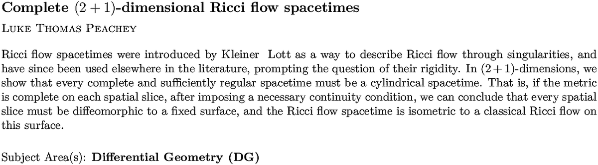 arxiv.org/abs/2211.11866…
L T Peachey
Complete $(2+1)$-dimensional Ricci flow spacetimes
