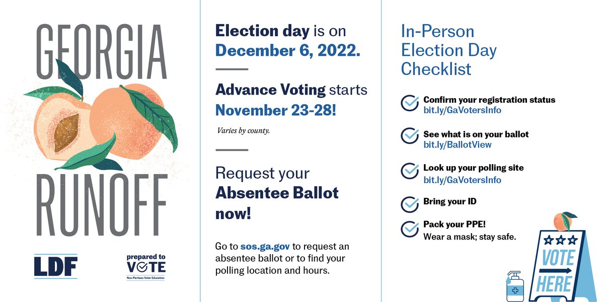 NAACP_LDF's tweet image. The Georgia U.S. Senate Runoff election is December 6, with advance in-person voting underway in many counties.

Check with your local elections office on details for hours and polling locations. #PreparedToVote