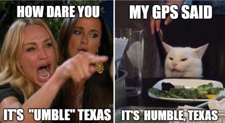 Agent_4Change's tweet photo. π£οΈ πππ Family driving around in circles because they are in #umbletexas and I, and the GPS told them it was #humbletexas. π₯΄π₯΄ - Thank Goodness they really would have been lost if they came by me in #thewoodlandstexas π₯΄π₯΄π€£ #the504 #theboot #nola #thanksgiving2022 https://t.co/boE2nDk4ot