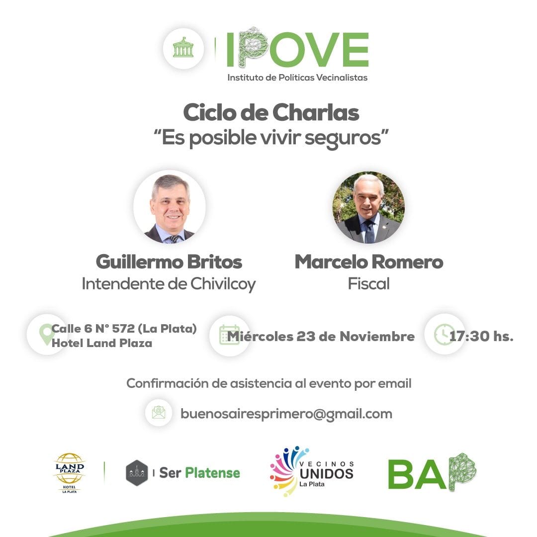 👉 El intendente <a href="/BritosGuillermo/">Guillermo Britos</a> brindó una charla sobre seguridad, junto al fiscal <a href="/RomeroMarcelo63/">Marcelo C. Romero /G\</a> 

⏺️ Fue bajo el lema “Es posible vivir seguros”, convocada por el Instituto de Políticas Vecinalistas (IPoVe), en La Plata 

🔍 bit.ly/3U1jcMP