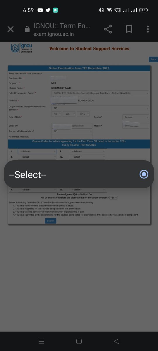 Simran0310's tweet photo. @chandigarh_rc @OfficialIGNOU Please do something @OfficialIGNOU @InnovationsIGN1 @IgnouVc @COE_IGNOU @ignou_2 

I'm unable to fill my examination form from 2nov. I was trying again and again but my course codes are not visible. Kindly help? https://t.co/AeHWVAAe10