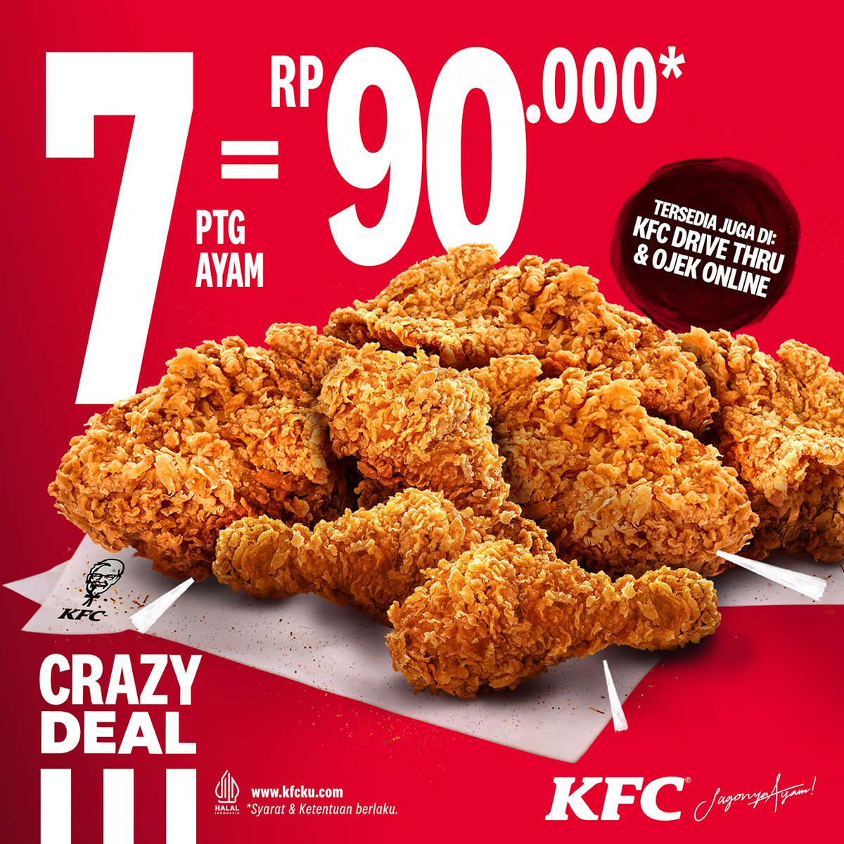 KFCINDONESIA's tweet photo. Setiap Kamis, 7 ayam goreng cuma 90 RIBU! 🍗

Hari Kamis membuatmu krezi? Sini bestie, ke KFC terus sebut aja CRAZY DEAL. Gak usah nunggu weekend untuk healing. 7 potong ayam goreng KFC ditambah promo yang worth it udah Si Jagonya Bikin Good Mood 😍

#KFCIndonesia https://t.co/LG4J8Ssa5v
