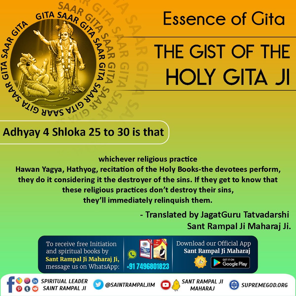 BhavnaDasi_'s tweet photo. #Essence_Of_BhagavadGita
THE GIST OF THE HOLY GITA JI

Adhyay 4 Shloka 25 to 30 is that

whichever religious practice Hawan Yagya, Hathyog, recitation of the Holy Books-the devotees perform, they do it considering it the destroyer of the sins. https://t.co/pPk9DHGLEq