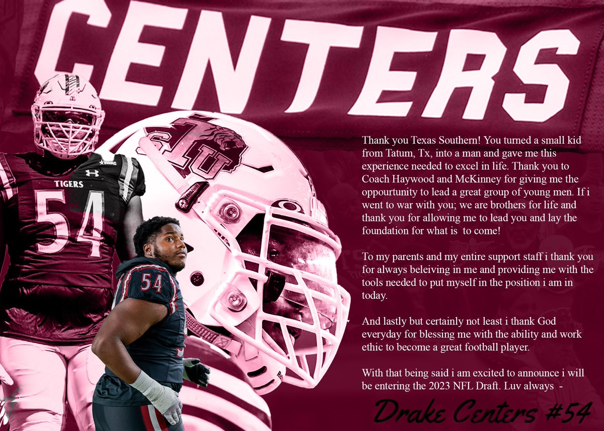 HBCUSports1's tweet photo. Texas Southern University OL Drake Centers will be entering the 2023 NFL Draft https://t.co/7nBniI3qE7