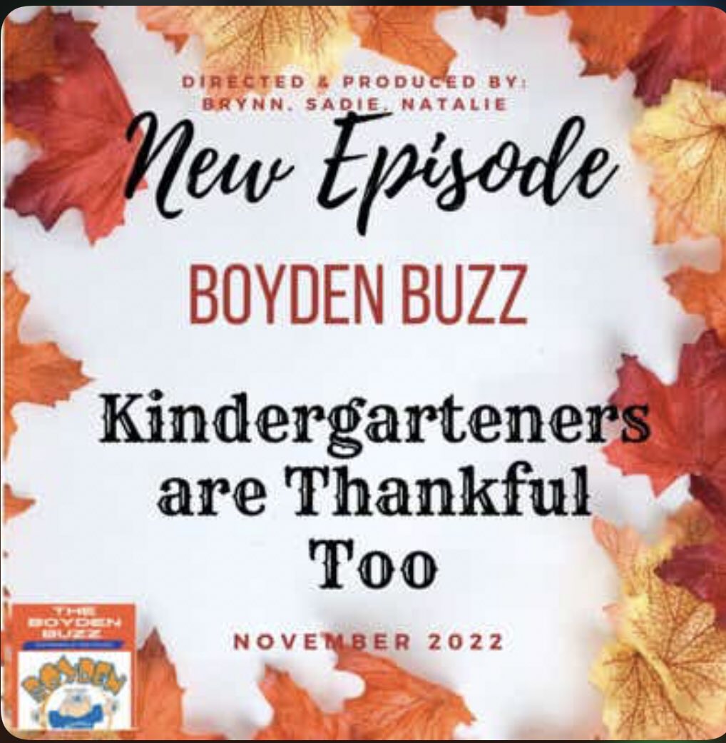 Nancy Carroll (@ncarrolldlc) on Twitter photo Just in time for Thanksgiving…our Kindergartners share what they are thankful for in the newest episode of The Boyden Buzz Podcast. This special episode was Produced &directed by three grade 5 students! Enjoy! <a href="/BoydenSchool/">Boyden School</a> <a href="/PublicWalpole/">WalpolePublicSchools</a> The Boyden Buzz open.spotify.com/episode/7f0V88… Just in time for Thanksgiving…our Kindergartners share what they are thankful for in the newest episode of The Boyden Buzz Podcast. This special episode was Produced &directed by three grade 5 students! Enjoy! <a href="/BoydenSchool/">Boyden School</a> <a href="/PublicWalpole/">WalpolePublicSchools</a> The Boyden Buzz open.spotify.com/episode/7f0V88…