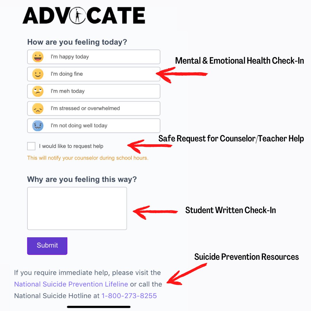 StudentFit__'s tweet photo. A simple daily mental health check-in to allow educators to know their students and provide students the opportunity to ask for help. #StudentFit #Studentmentalhealth
•
Learn more: https://t.co/a1FprysrLx https://t.co/VNMtdrSVkb
