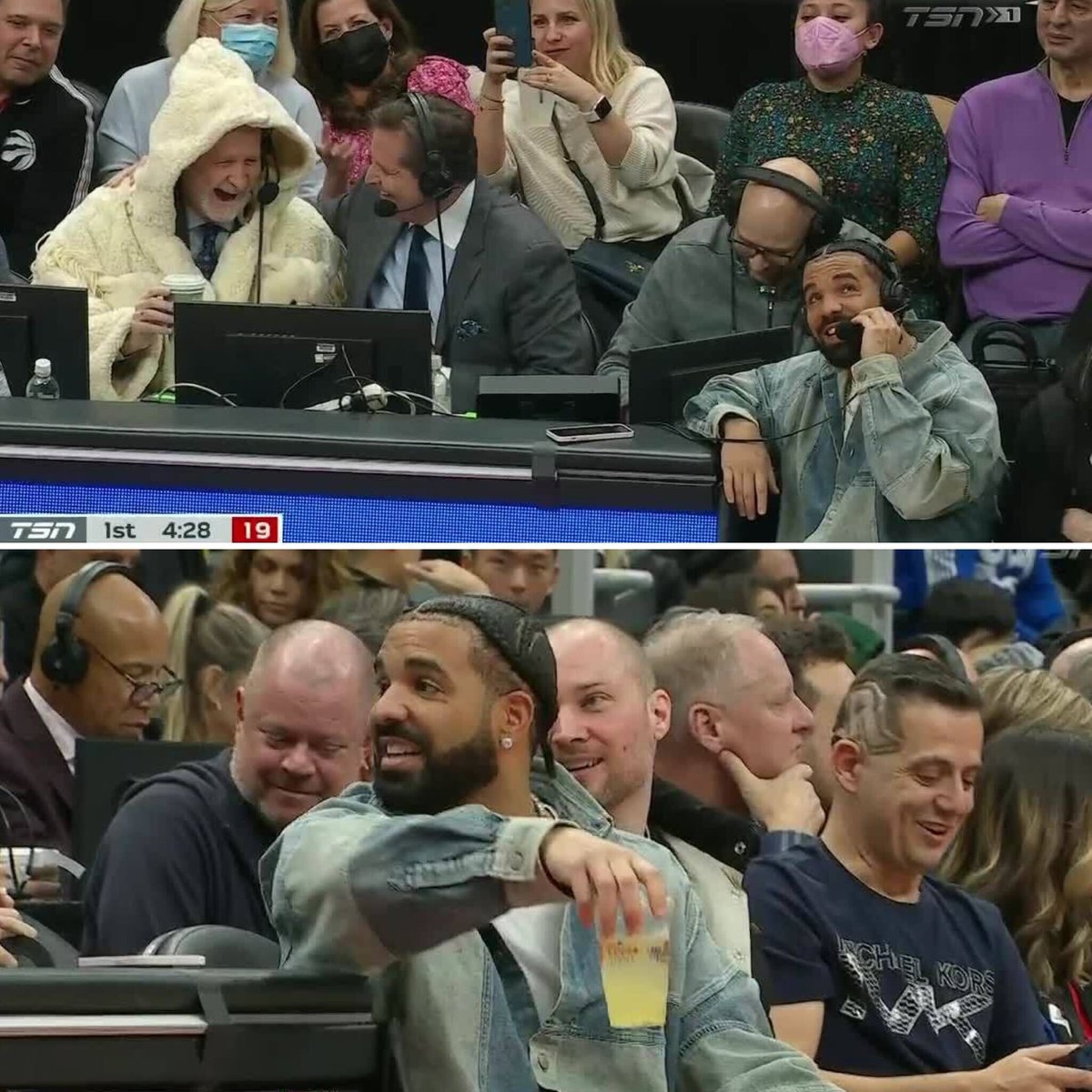 SportsCenter's tweet photo. Drake let the Raptors’ announcer put on his coat 😂 https://t.co/QJYVQ998PM