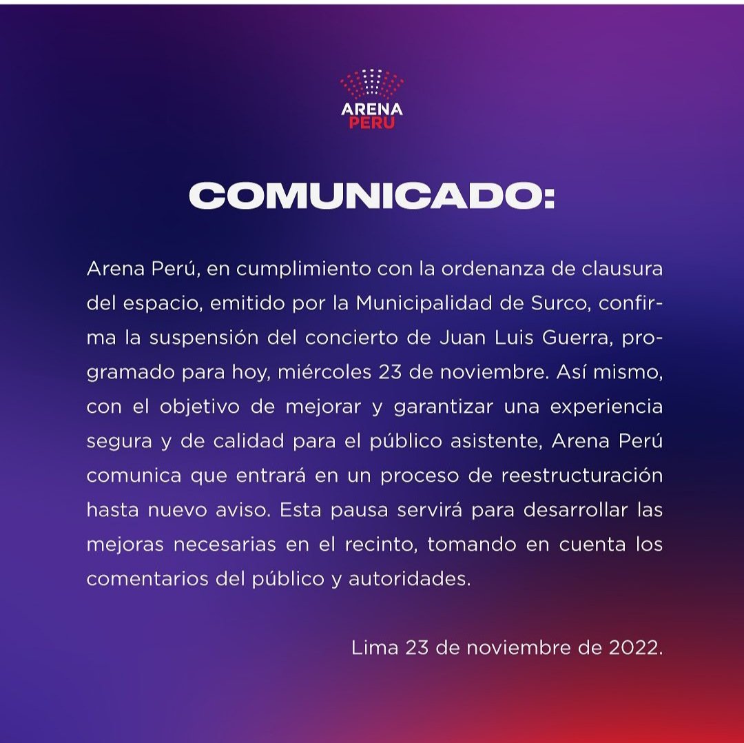 QuittyWarrioR's tweet photo. #JuanLuisGuerra #arenaperu @teleticketperu @IndecopiOficial ua se pronuncio el recinto y queremos una respuesta de donde se realizaran los otros concierto mañana es el de Alex Ubago y nadie dice nada https://t.co/dKNmhd8SZP