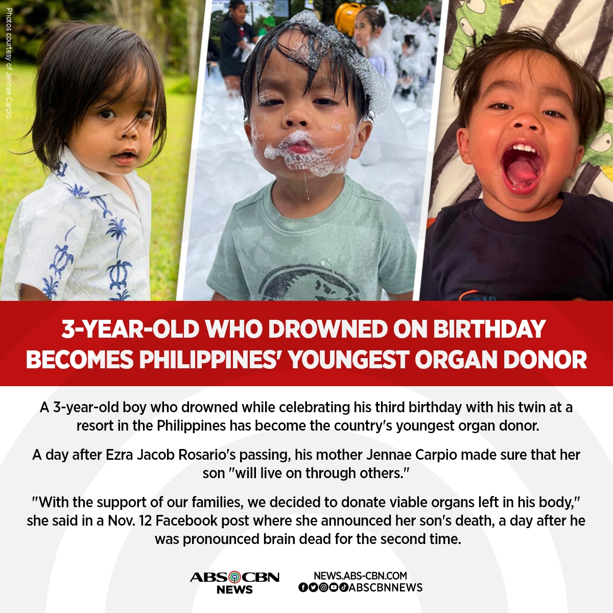 ABSCBNNews's tweet photo. ‘SHORT BUT WELL-LIVED’

Naging maikli man ang buhay para kay Ezra Jacob Rosario na pumanaw sa murang edad, magiging makabuluhan pa rin ang kaniyang buhay sa buhay ng iba.

Si Ezra ang pinakabatang organ donor sa bansa at ang unang pedia organ donor sa St. Luke’s Medical Center. https://t.co/ZuXrmjHp3P