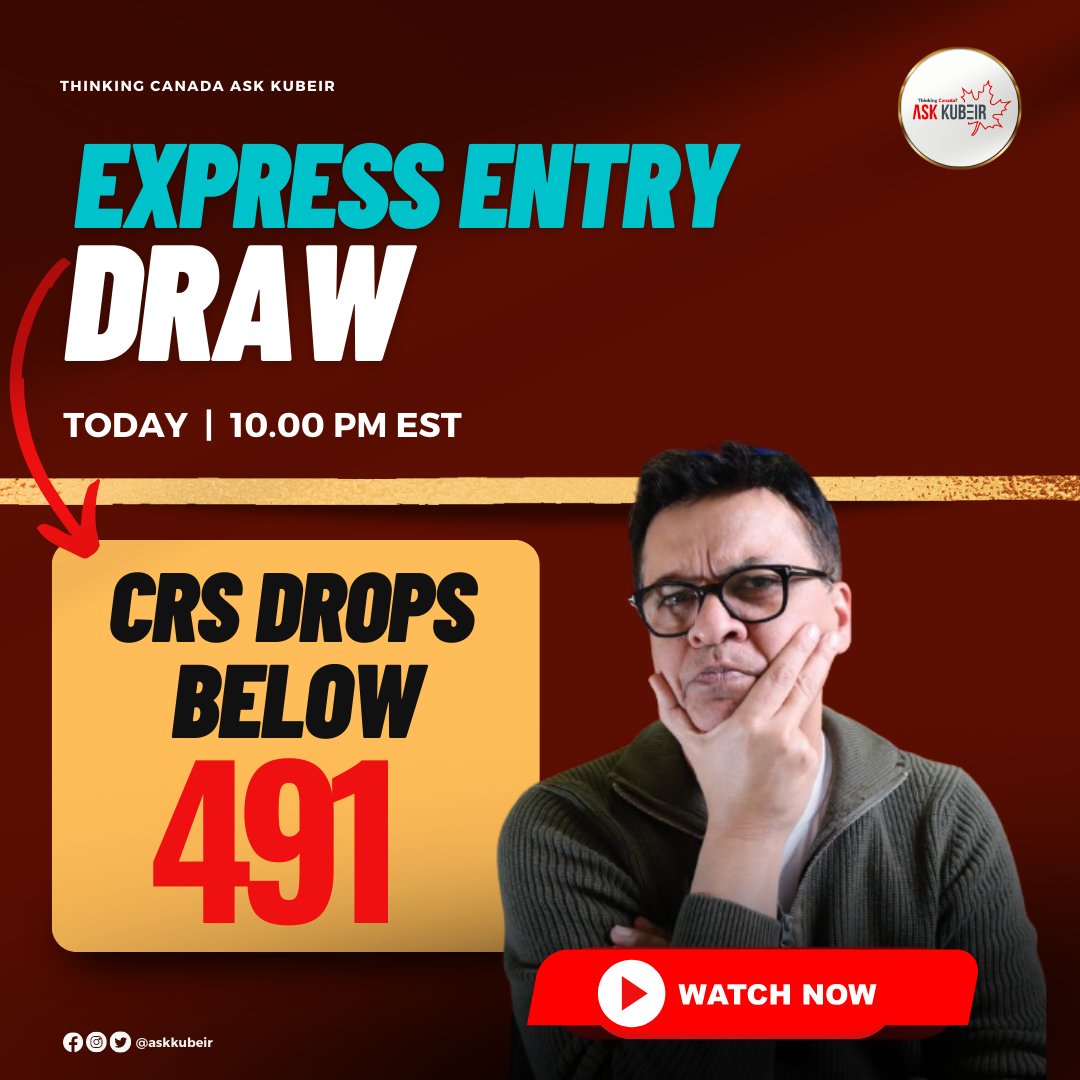AskKubeir's tweet photo. ๐ Express Entry CRS Score drops to 491! ๐ค
โถ๏ธ Join me live for a detailed analysis of the CRS score in today's Express Entry Draw later at 10:00PM EST
โถ๏ธ : ๐๐ง๐๐: ๐ฐ๐ณ๐ฑ๐ฌ
โถ๏ธ : ๐๐ฅ๐ฆ: ๐ฐ๐ต๐ญ
#foreverhopeful
.
.
.
#ExpressEntryDraw #EEDraw #askkubeir #ExpressEntryupdate https://t.co/HggT6Vx8tW