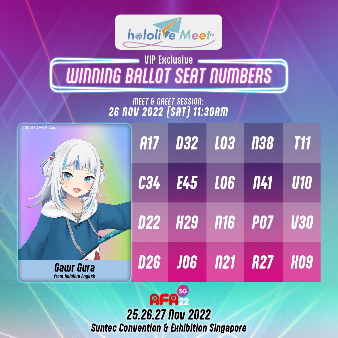 Anime Festival Asia (AFA) on Twitter "AFASG22 hololive Meet! VIP Meet & Greet Ballot Results