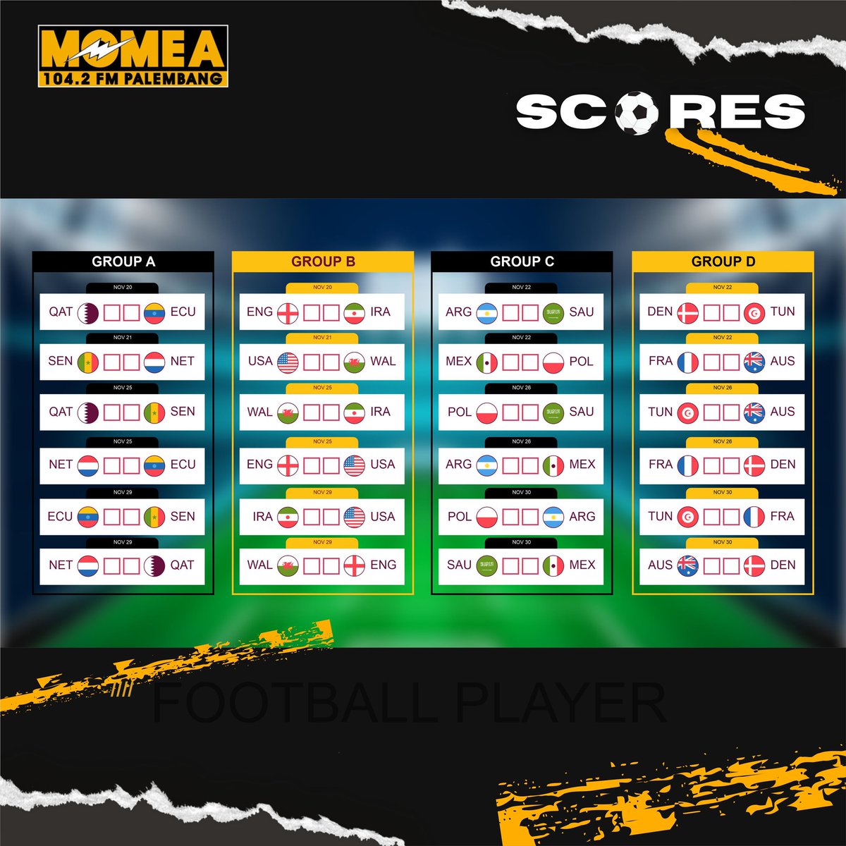 momea_fm's tweet photo. Hallo Kawulamuda
Jangan sampai lupa jadwal fifa world cup 2022! 
Cek jadwal pertandingany disini
#momea #momearadio #momeapalembang #momeafm #radio #radiomomea #radiopalembang https://t.co/EFm8WZMNBa