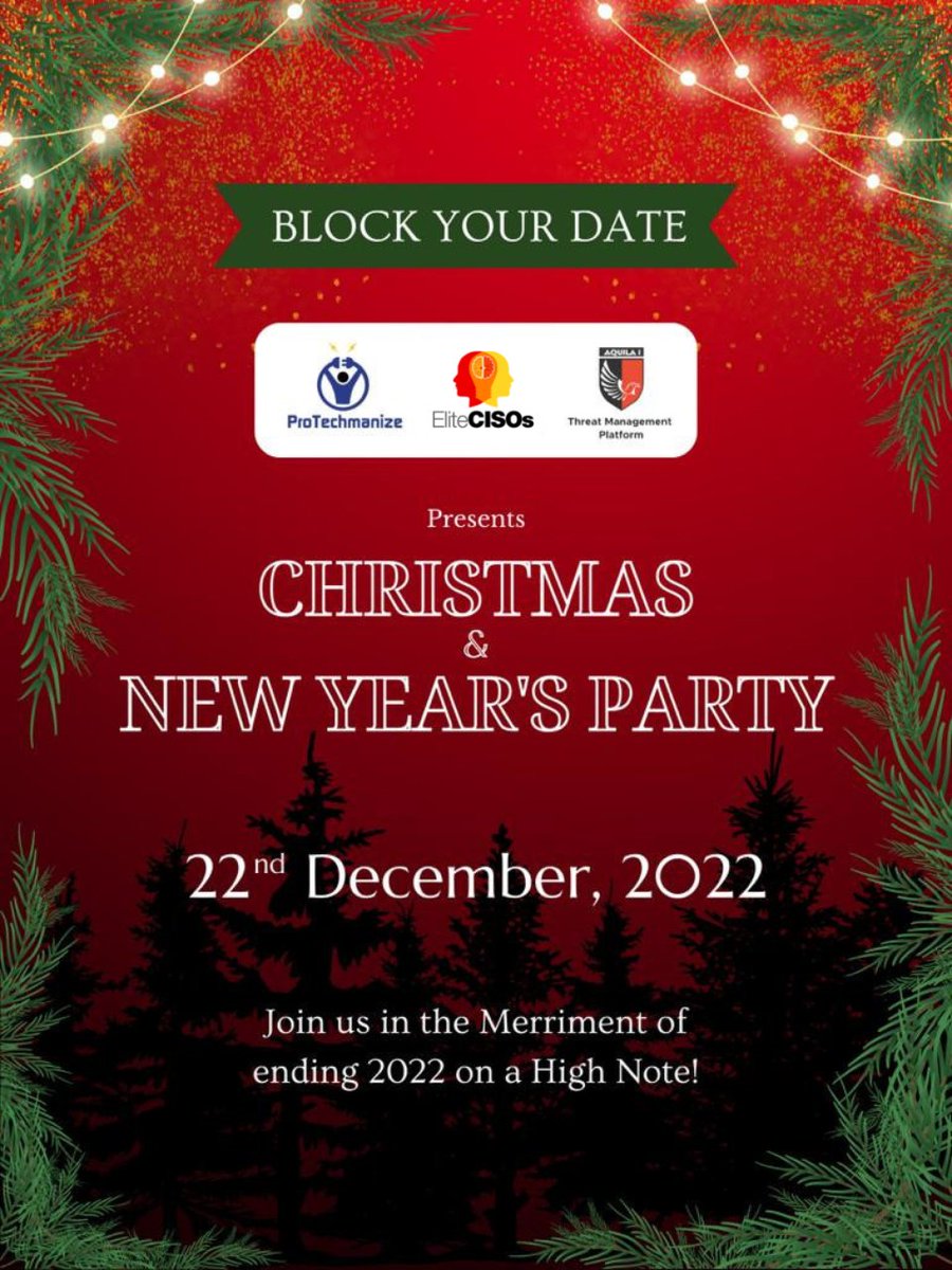 _EliteCISOs's tweet photo. This holiday season, EliteCISOs Global is here with the "Biggest #Christmas Bash of the Year" with ProTechmanize and Aquila I. Join us in the merriment of ending #2022 on a high note!

Stay tuned! https://t.co/oDK8Z1J5Ge