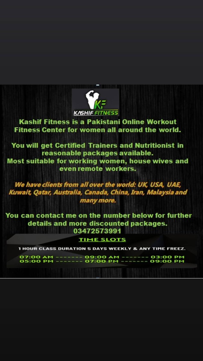Nimra_ay's tweet photo. Kashif Fitness Center is a world known fitness center online. With over 1600 clients from all over the world. Contact me on the given number in the post for more information and discounted packages. https://t.co/m73Fz3cVnl