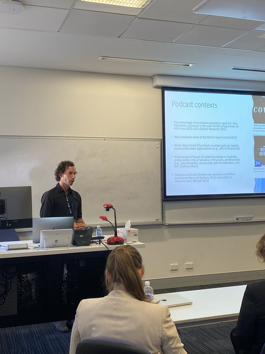 Great to mingle with people at a real-life conference after two years of PhD-ing via Zoom! Presenting on behalf of <a href="/lindgrenmia/">Mia Lindgren 🇸🇪🇦🇺</a>, our research on podcasting + Covid-19 🎧 #ANZCA2022 #podcaststudies <a href="/anzcaorg/">AANZCAorg</a> <a href="/uow/">UOW</a>