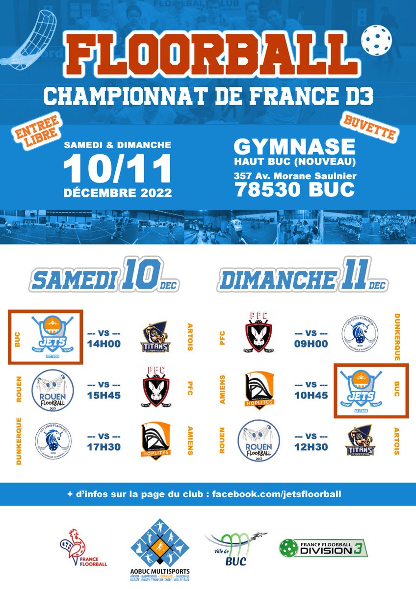 |SAVE THE DATE| Pour la division 3 (poule nord), le prochain week-end de championnat de #floorball 🏒🥅 aura lieu à #Buc #Yvelines les 10 et 11 décembre prochains 😁 N'hésitez pas à venir encourager les Jets ✈️ à domicile. Pour le programme, c’est ici 👇