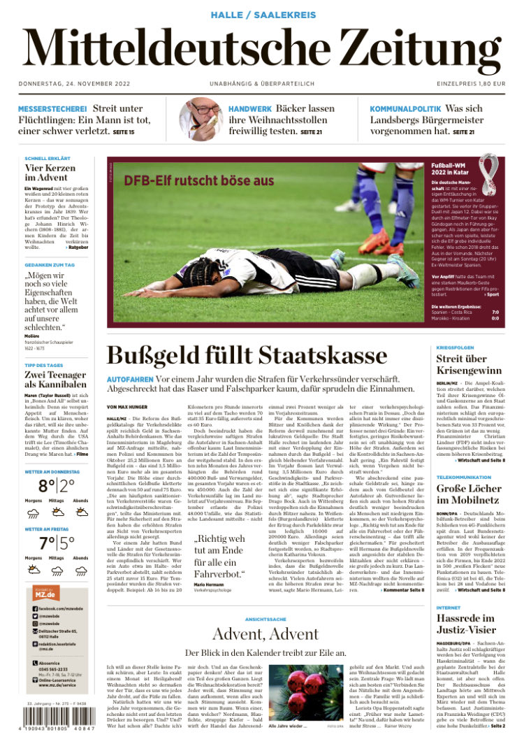 heinz_alt's tweet photo. Unterschiedlicher könnten die Stimmungslagen nach dem Spiel #GERJPN nicht aussehen: „DFB-Elf rutscht böse aus“, titelt die heutige #Mitteldeutsche Zeitung; „Verrückte WM“, die italienische Sportzeitung #GazettadelloSport. #WM2022 https://t.co/LZ21e84Rx6