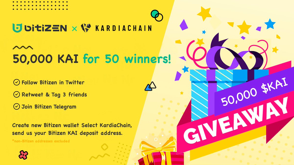 BitizenWallet's tweet photo. 50k $KAI for 50 winners!

🎯Follow @BitizenWallet 
🔁Retweet &amp; tag 3 friends
👍Join TG: https://t.co/6eE9NOwrRQ

📲Create new Bitizen wallet, select @KardiaChain wallet &amp; send your Bitizen $KAI deposit address 
https://t.co/XRWqxICJam  #Bitizenregistration 

🚫non-Bitizen
⏰72h https://t.co/UhAxp8OhnU