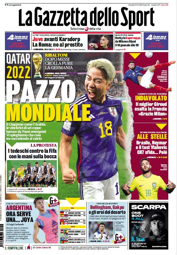 heinz_alt's tweet photo. Unterschiedlicher könnten die Stimmungslagen nach dem Spiel #GERJPN nicht aussehen: „DFB-Elf rutscht böse aus“, titelt die heutige #Mitteldeutsche Zeitung; „Verrückte WM“, die italienische Sportzeitung #GazettadelloSport. #WM2022 https://t.co/LZ21e84Rx6