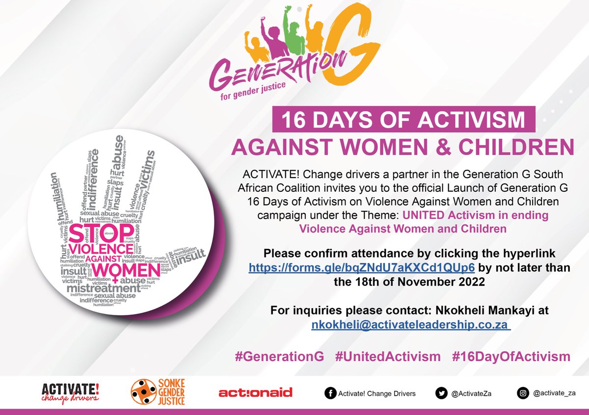 ActivateZA's tweet photo. Generation G invites you to the virtual launch of 16 days of Activism Campaign themed: United Activism in ending violence against women and children taking place: 

Date: 25th November 2022        Time:10h00-13h00         Platform: Zoom https://t.co/NwIt1PvVi3