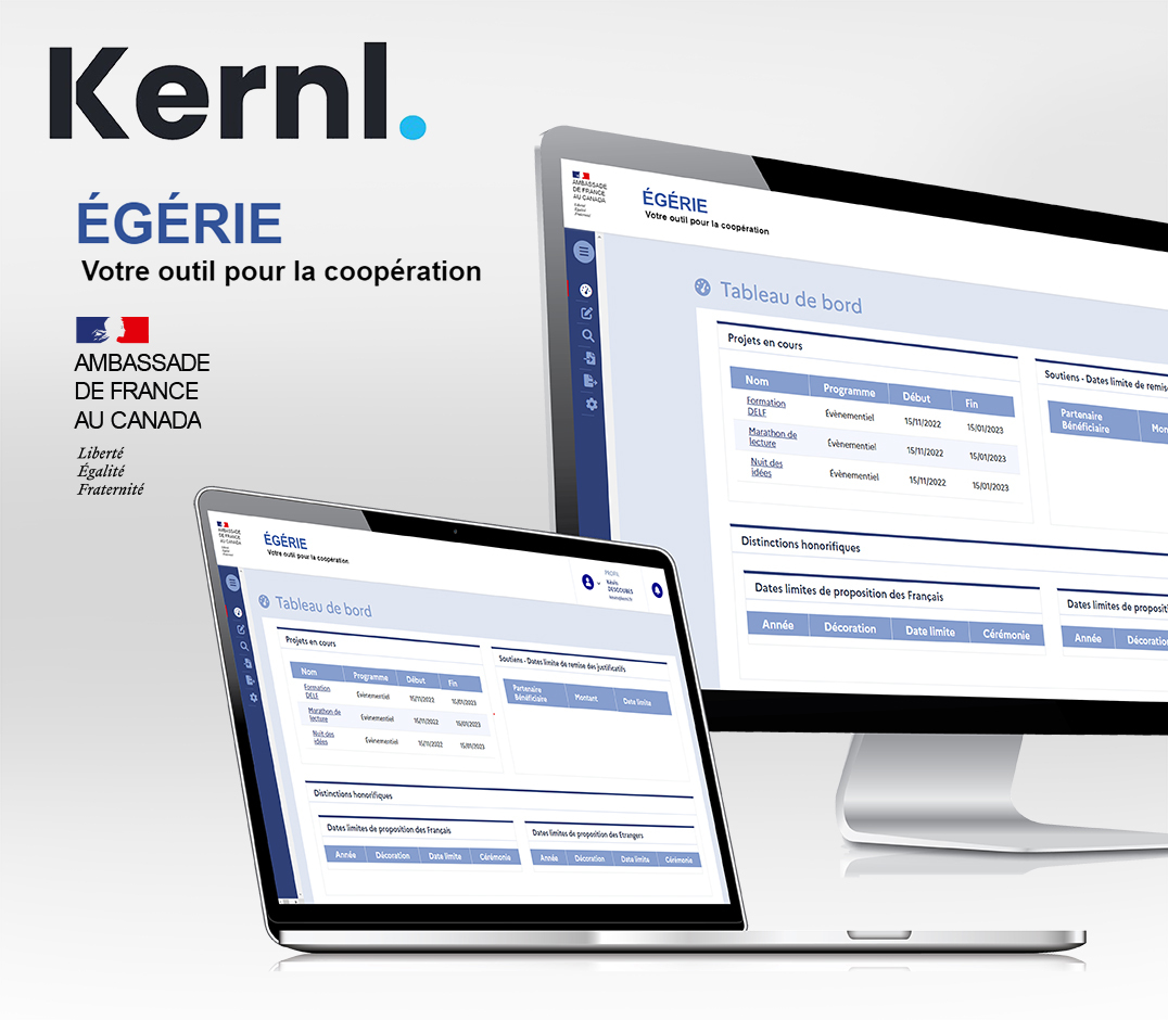 Après plus d'un an de travail, le projet (pour l'instant nommé "Égérie") d'outil de gestion pour l'Ambassade de France 🇫🇷 au Canada 🇨🇦 va être mis sur les rails dans très peu de temps !
On a hâte d'avoir les retours de nos utilisateurs 🤓!
Contactez-nous : kernl.fr/contact